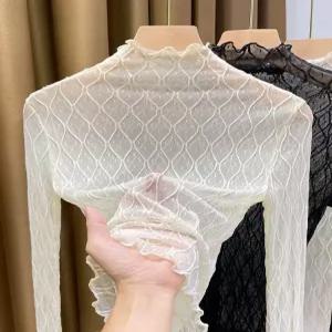 얇은목폴라 레이스 망사 댄스티 가을 펄화이트 반목티 봄
