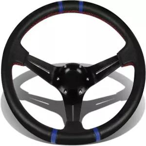 DNA 모터링 350mm 깊이 접시 레이싱 스티어링 휠 범용 PVC 가죽 알루미늄 자동차 스포츠 혼 버튼 블랙 블루