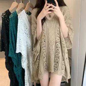 여름 펀칭 루즈핏 니트 비치웨어 커버업 여성 브이넥 시스루 니트티 오버핏