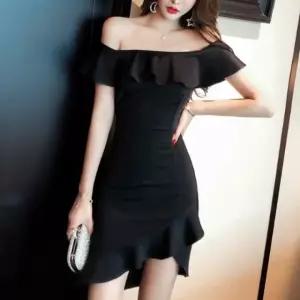 클럽룩 프릴 파티복 럭셔리 미니 홀복 하객룩 블랙   여성 상견례 원피스