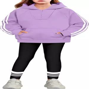 아디룬 걸스 투피스 쿼터 집 후디 스웨트셔츠 프린트 레깅스 컬러 블록 가을 겨울 의류 세트 포켓 포함