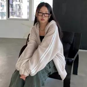 여성용 후리스 투웨이 루즈핏 골지 후드 집업 후디