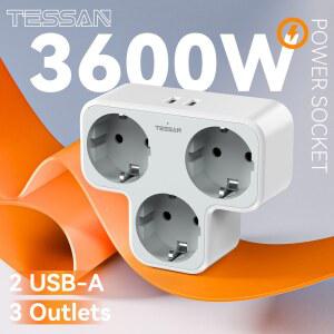 호환 TESSAN 다중 벽 소켓 확장기, 3 콘센트, 2 USB 포트, 유럽 플러그 소켓 어댑터, 가정 사무실용 벽 충전기