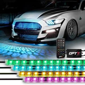 리모컨이 있는 OPT7 Aura 4PCS RGB LED 그릴 조명 12인치 방수 스트립 멀티컬러 디머 페이드 사이클