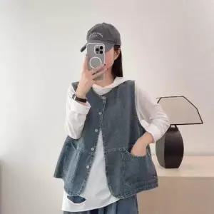 EAMT 여성용 데님 가을 빈티지 캐주얼 민소매 레이어드 조끼 라운드 톱 YJ3