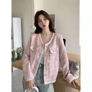무천도사 여사친 여성 하프 핑크 춘추 쇼트 트위드 톱 코트 풍 KKE3