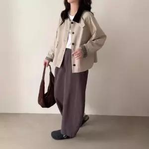무천도사 여성 여성용 하프 가을 코트 쇼트 체크 칼라 상의 자켓 KKE3