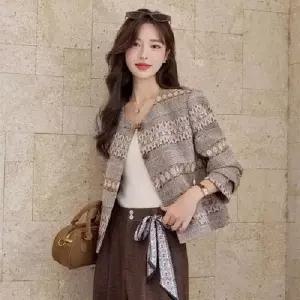 무천도사 하프 여성 여사친 세련된 짜임 상의 프렌치 코트 봄가을빈티지 트위드 KKE3