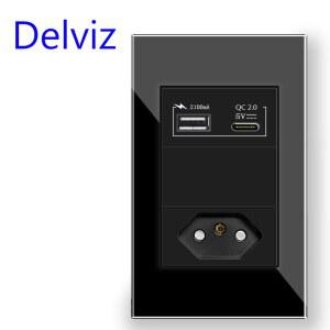 호환 Delviz USBC 충전 벽 소켓, 5V USB 포트 전기 플러그 10A 콘센트, 120mm 72mm 유리 패널, 브라질 표준 20A 전원 소켓