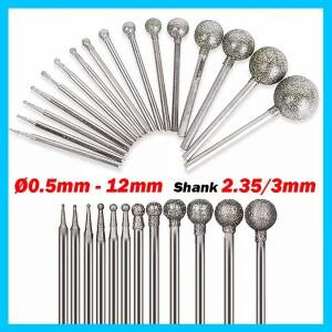 볼라운드 다이아몬드 버 비트 생크 보석 유리 조각 회전 도구 0.5mm-12mm 2.35mm 3mm 5 개