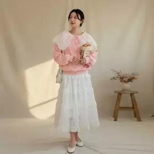 [하프클럽/]여성용 레이스 카라 리본 가디건 단추포인트