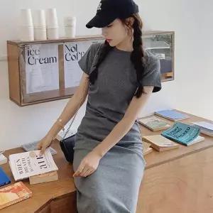 [하프클럽/]A라인 무지 셔링 원피스 라운드넥 데일리 드레스