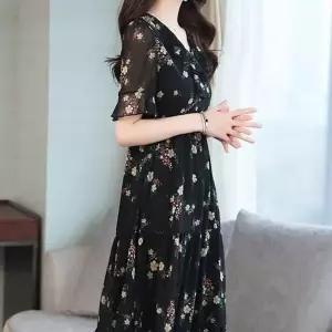 [하프클럽/]플라워 패턴 여성 프릴 반팔 니트 원피스 데일리룩