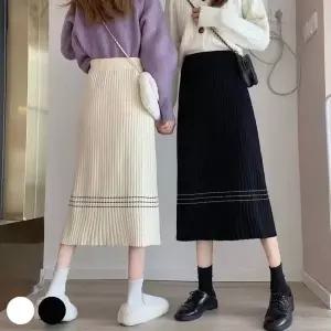 [하프클럽/]골지 여성 A라인 롱스커트 3줄 포인트 라인 슬림핏 스커트