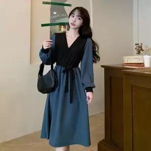 [하프클럽/]블루 배색 여성 허리끈 A라인 원피스 데일리룩