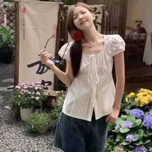 [하프클럽/]여름용 리본 스트랩 핀턱 블라우스 허리라인 디자인