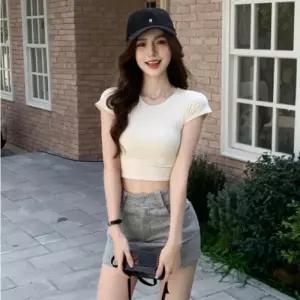 [옷자락]여자 쫀쫀 골지 슬림핏 크롭 라운드넥 반팔티