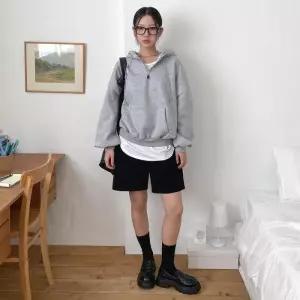 [옷자락]여성 루즈핏 후드티 반집업 기모 캥거루 포켓 후디