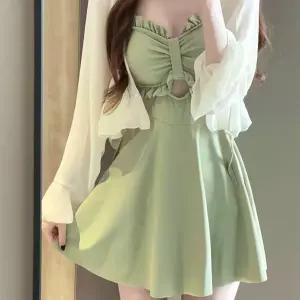 여리핏 프릴 원피스 수영복 가디건 2종세트 여성 비치웨어 체형커버