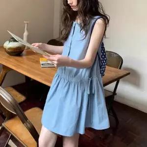 [옷은날개] 여성 주름 스트링 단추 미니 원피스 블루 1P 치마