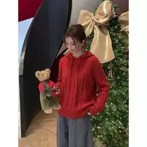여사친 레드 니트 봄 세련도도녀 후드 새해 이른 꽈배기 상의 OOTD1