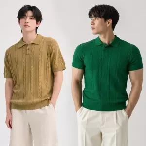 [디바옴므]여름 꽈베기 케이블 버튼 카라넥 니트 반팔 티셔츠 남자 남성해변/작업복/