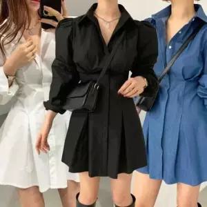 [SBD] 여성 3색 A라인 카라 플리츠 셔츠 퍼프 원피스 미니