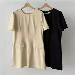 [하프클럽/]여성 여름 기본 데일리 반팔 절개 하객용 미니 드레스
