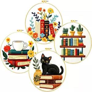 초보자를 위한 젠칭 4 책장 장면 자수 키트 사전 된 29x29cm 원형 면직물 세트 후프 및 도서관 테마의 홈