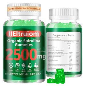 IIEltruiom 블루 스피룰리나 클로렐라 구미, 13-in-1 슈퍼 그린 & 슈퍼푸드, 2500mg, 씨모스, 엽록소, GLA, 글루텐 프리, 구미 60개로 일일 에너지 향상