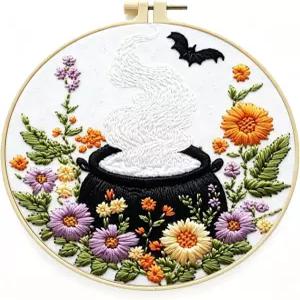초보자를 위한 젠칭 할로윈 매직 가마솥 자수 키트 사전 된 29x29cm 면직물 후프 실 및 도구가 완전 세트