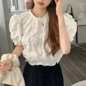 퍼프소매 화이트 블라우스 크롭 넥 밑단 소매끝 밴딩 실크블라우스