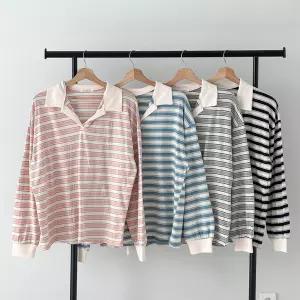 여성용 루즈핏 오픈카라 배색 스트라이프 면 티셔츠