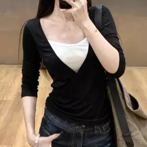 레이스 레이어드 랩 브이넥 티셔츠 슬림핏 7부 HPC-1008409