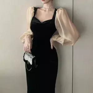 [더블디] 시스루 퍼프 여성 벨벳 럭스 원피스 OPC012 (41470412A)
