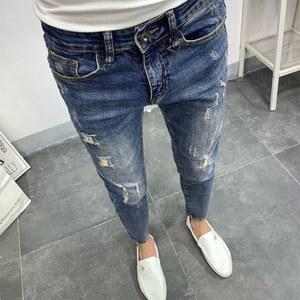 호환 남성용 스타일 클래식 청바지, 찢어진 청바지, 찢어진 구멍 카고 바지, 트렌디한 스키니, 블루, 여름 패션, 신상