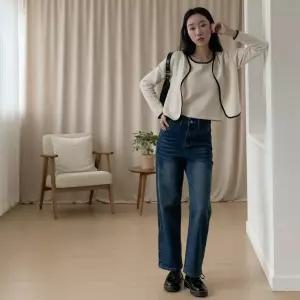 여성용 리본 자수 데님 와싱 일자핏 팬츠 바지