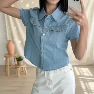 여성 반팔 청자켓 세미크롭 투포켓 스티치 여름용