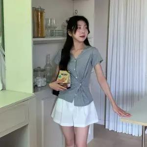 여성 골지 베이직 반소매 V넥 카디건 심플 무지