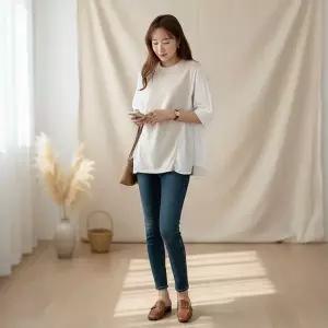 [옷자락]여성 라운드넥 배색 허리셔링 미들니트 블라우스 반지_P423308790