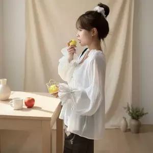 [옷자락]여성용 브이넥 프릴 셔링 플레어 블라우스 반지 셔츠_P423308756