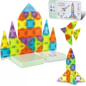 미니 마그네틱 타일 언 박스가 있는 50PCS 여행용 3세 이상 를 위한 휴대용 블록 STEM 감각 창의성 소년 및