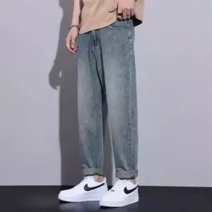 남성 트렌디 아이템 청바지 배기핏 연청 테이퍼드 9부 배기 빈티지 데님 바지 HT1