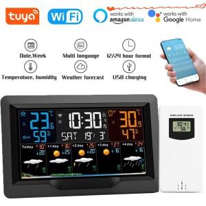 Tuya WiFi 스마트 기상 관측소 고정밀 실내 온도 측정기 예보 다기능 알람 시계