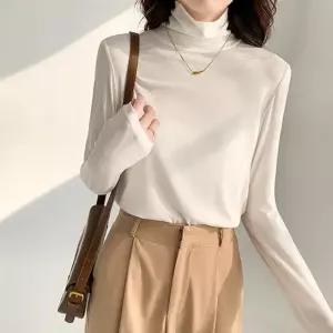 데일리 스판 무지 긴팔 여성 목폴라티