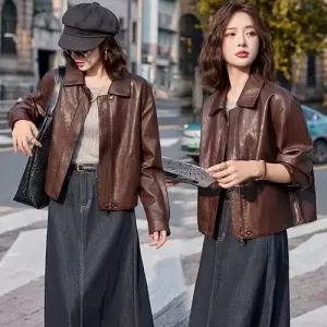 여자 숏 PU 재킷 봄가을 숄 세련도도녀 코트 가죽 상의 칼라 OOTD3