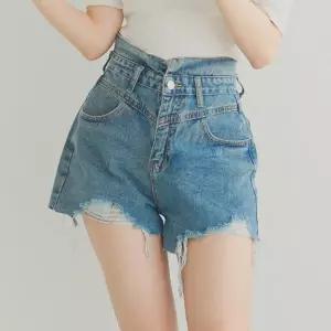 여자 하이웨스트 데님 연청 진청 디스트로이드 반바지_5
