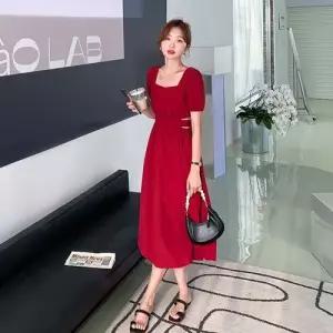 여사친 원피스 스커트 롱 레드 여름 썸머 프렌치 헵번 디자인 넥 슬림핏 스포M2