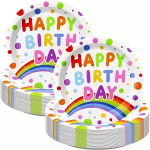 50개 생일 종이 접시 7인치 일회용 파티 축하 프린트가 있는 레인보우 폴카 도트 디자인 위한 식기 용품