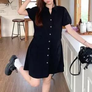 [SBD] 룩 허리 어깨셔링 A라인 양옆절개 카라원피스 핀턱 반팔 미니원피스 브이넥 볼륨소매핏